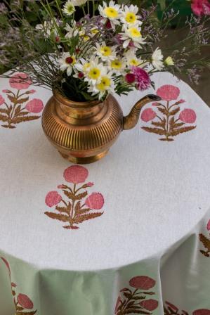 Pink Poppy Hand block Printed Tablecloths & Matching Napkin Sets