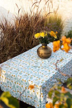Blue/Yellow Lotus Hand block Printed Tablecloths & Matching Napkin Sets