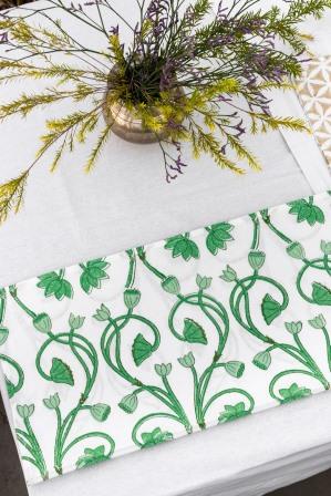 Green Lotus Hand block Printed Tablecloths & Matching Napkin Sets